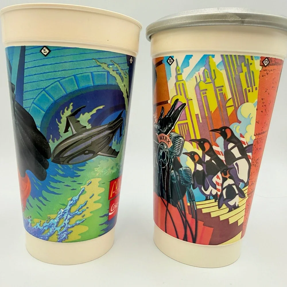 Vintage 1992 McDonalds Batman Returns Cups The Penguin Batdisc Lid Set of 2
